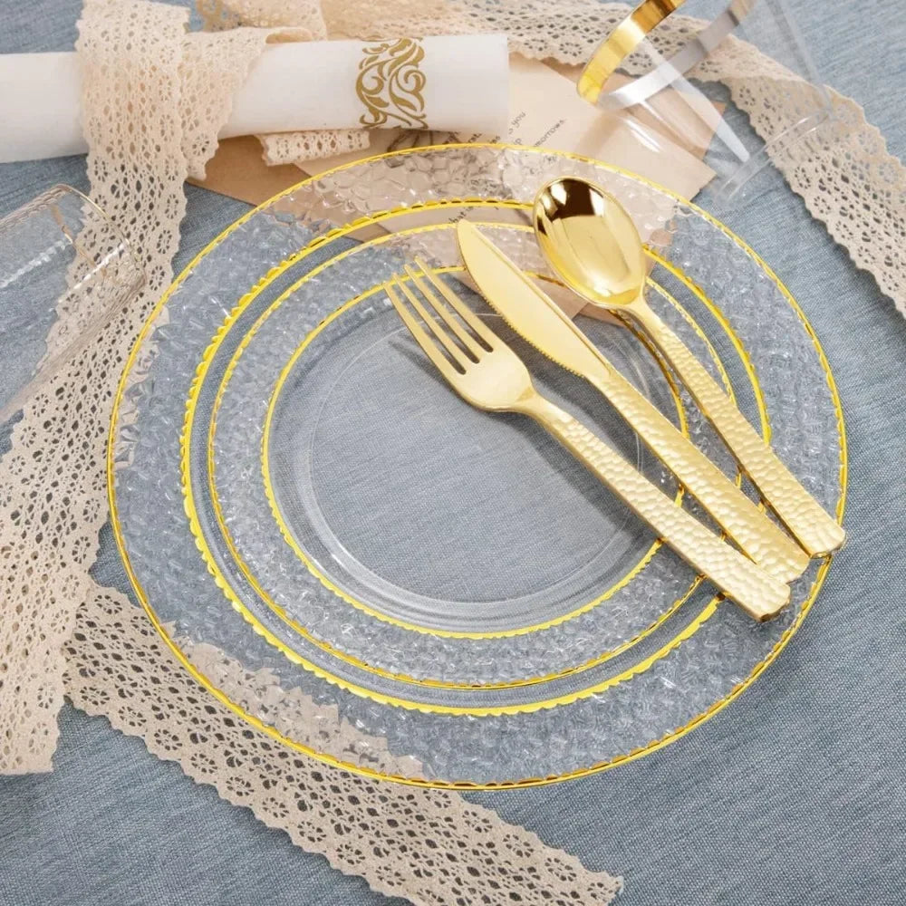 Purism 350PCS Gold Disposable Dinnerware Set, 50 Dinner Plates, Salad Plates, Guests Silverware Set, Cups, 50 Napkins