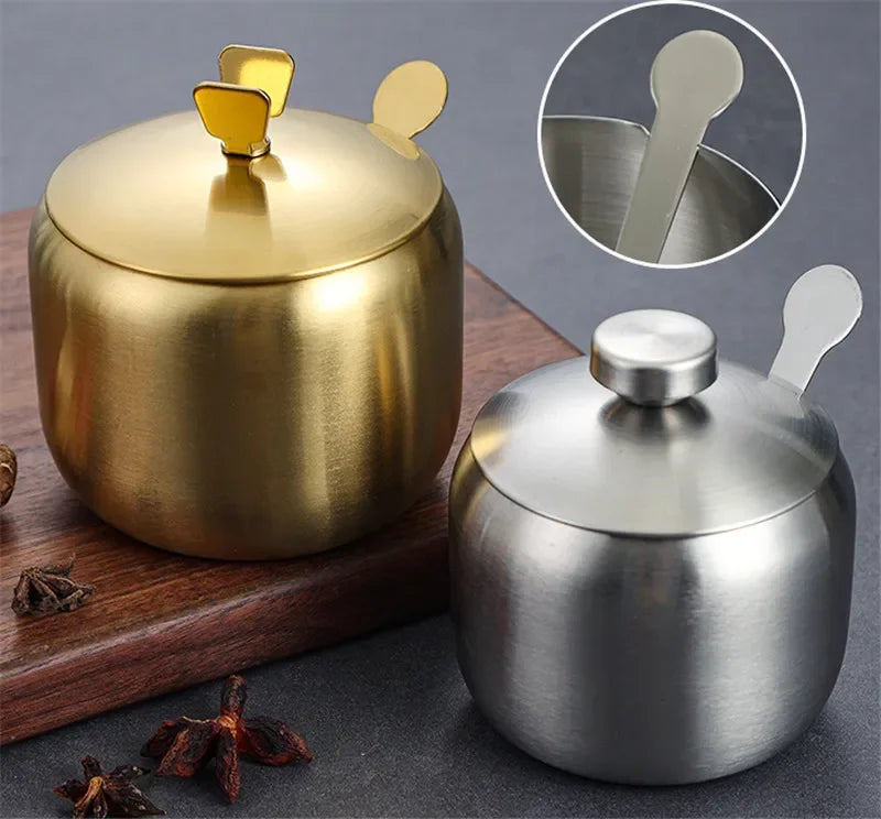 Purism Stainless Steel Seasoning Flavor Can Sugar Box Kitchen Tool Salt Pepper Pot BBQ Condiment Cruet Storage Spice Jar Bottle Spoon