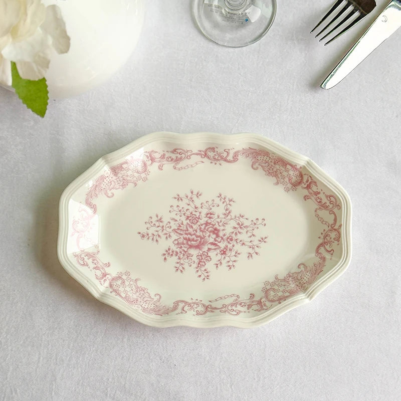 Purism French Style Pink Flower Ceramic Plates Vintage Household Biscuit Bread Dishs High Quality Restaurant Dessert Tableware