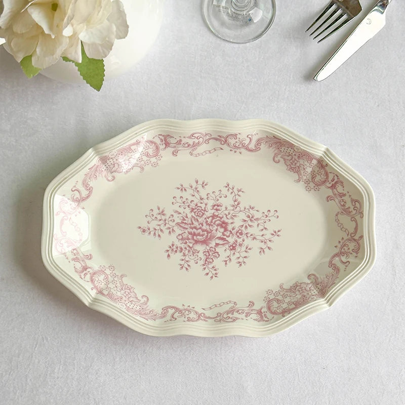 Purism French Style Pink Flower Ceramic Plates Vintage Household Biscuit Bread Dishs High Quality Restaurant Dessert Tableware