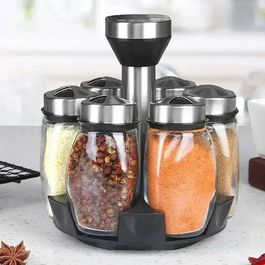 Purism 7pcs Spice Jar Set Rack Glass Organizer Rotating Glass Seasoning Sugar Pepper Bottles Salt Shakers Holder Kitchen Storage Rack