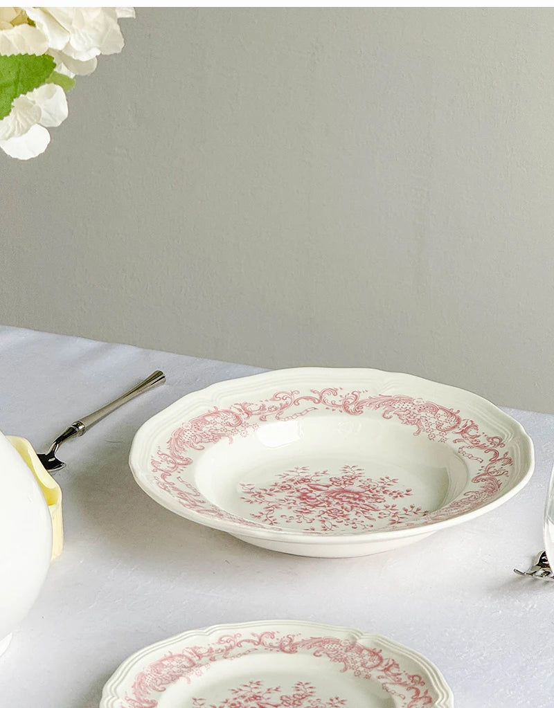 Purism French Style Pink Flower Ceramic Plates Vintage Household Biscuit Bread Dishs High Quality Restaurant Dessert Tableware
