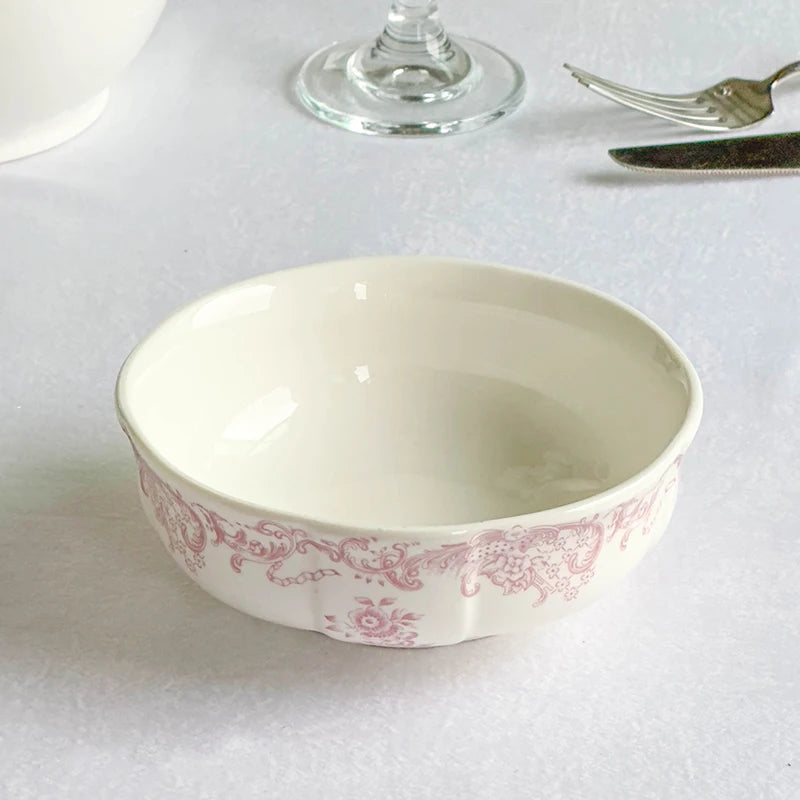Purism French Style Pink Flower Ceramic Plates Vintage Household Biscuit Bread Dishs High Quality Restaurant Dessert Tableware