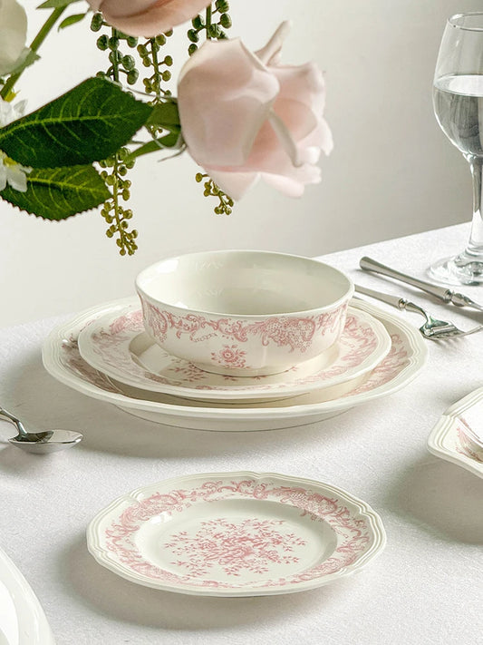 Purism French Style Pink Flower Ceramic Plates Vintage Household Biscuit Bread Dishs High Quality Restaurant Dessert Tableware