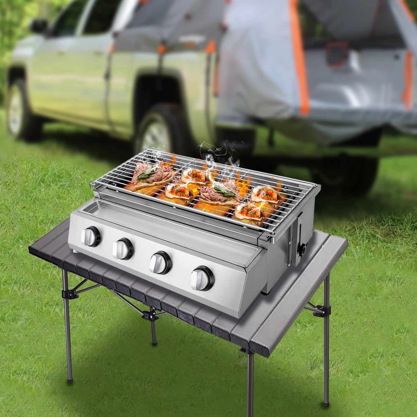 Purism Stainless Steel Smokeless Barbecue Grill 4 Burners LPG Gas Grill Roaster Portable BBQ Grill Removable for Outdoor Patio Garden