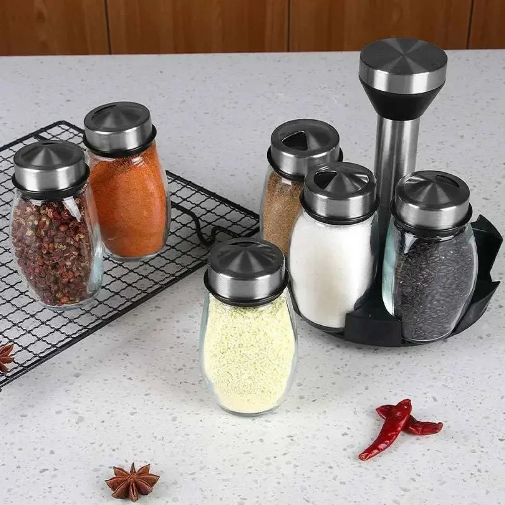 Purism 7pcs Spice Jar Set Rack Glass Organizer Rotating Glass Seasoning Sugar Pepper Bottles Salt Shakers Holder Kitchen Storage Rack