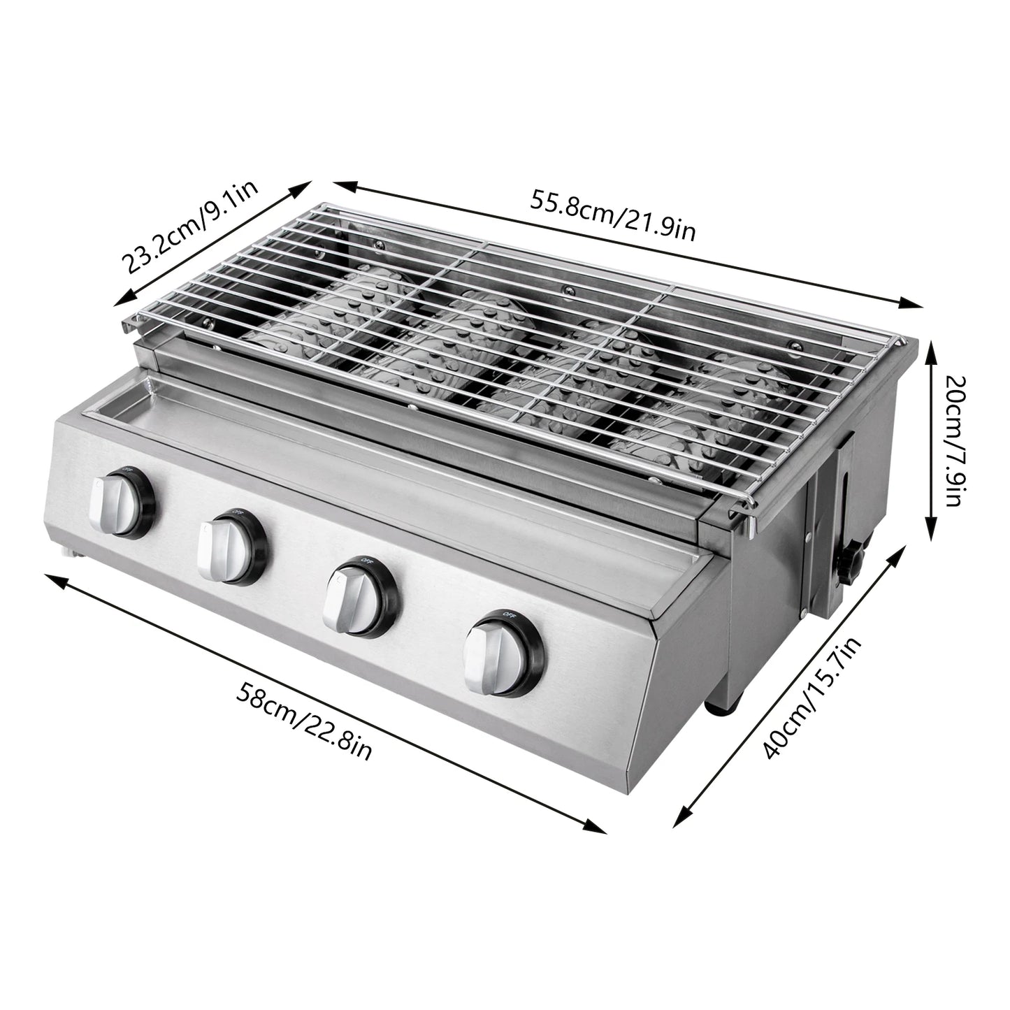 Purism Stainless Steel Smokeless Barbecue Grill 4 Burners LPG Gas Grill Roaster Portable BBQ Grill Removable for Outdoor Patio Garden