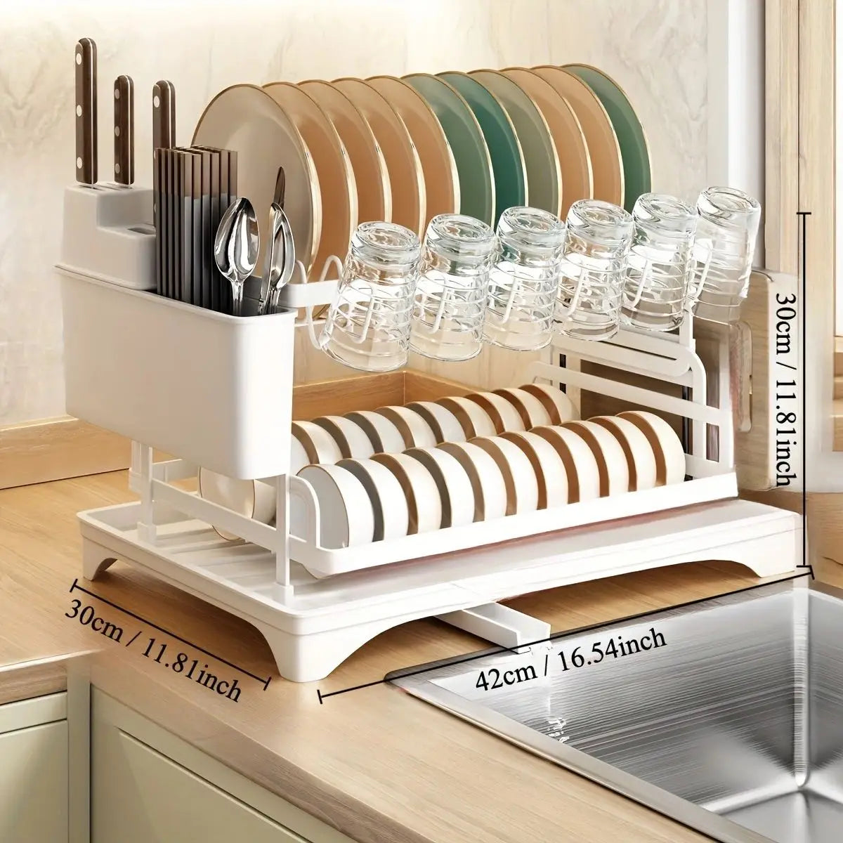 Purism 2 Tier Dish Drying Rack Kitchen Bowl Drainer Storage Rack Tableware Drain Chopsticks Knife Fork Water Cup Storage Holder