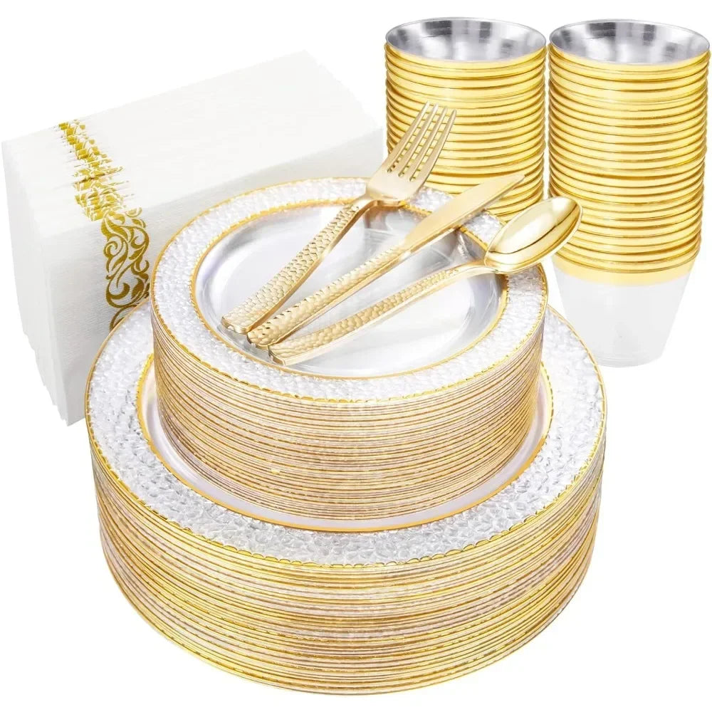 Purism 350PCS Gold Disposable Dinnerware Set, 50 Dinner Plates, Salad Plates, Guests Silverware Set, Cups, 50 Napkins