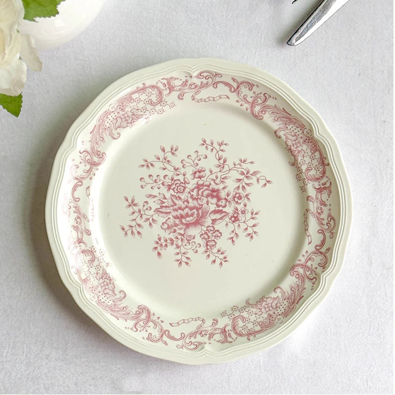 Purism French Style Pink Flower Ceramic Plates Vintage Household Biscuit Bread Dishs High Quality Restaurant Dessert Tableware