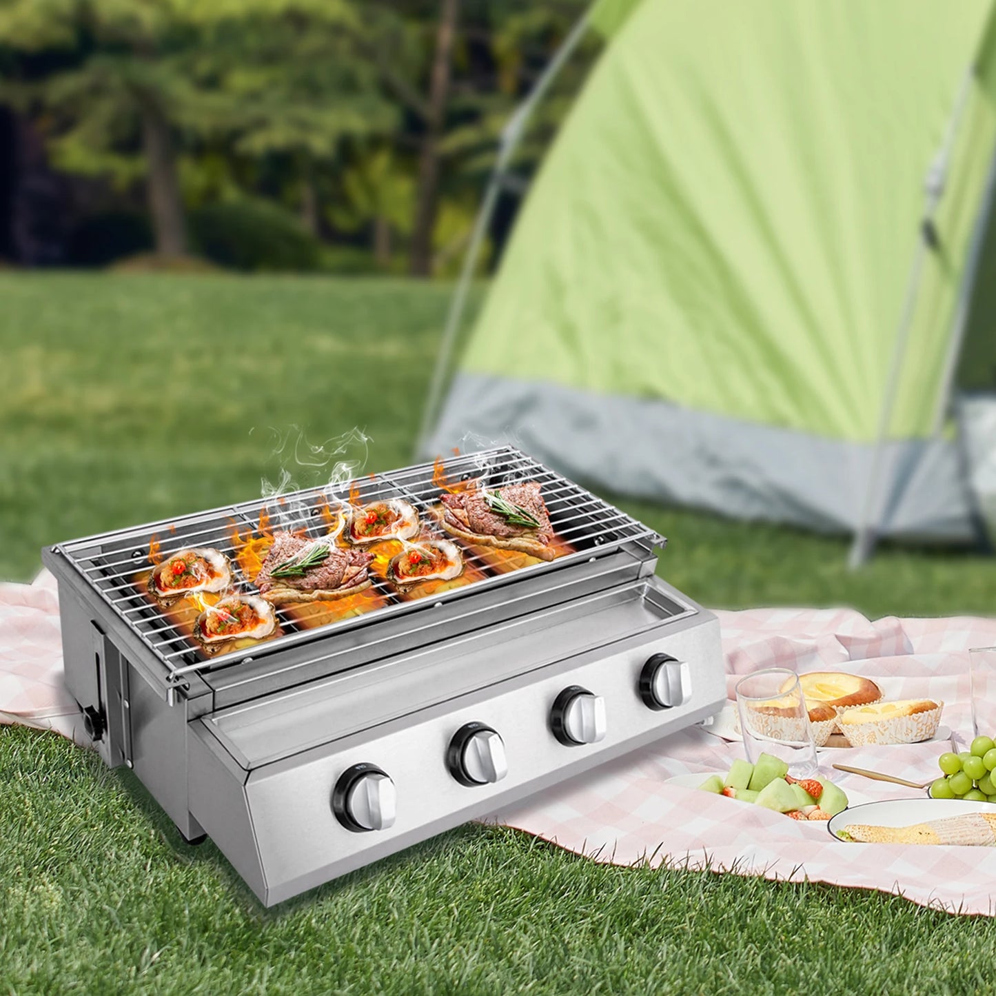Purism Stainless Steel Smokeless Barbecue Grill 4 Burners LPG Gas Grill Roaster Portable BBQ Grill Removable for Outdoor Patio Garden