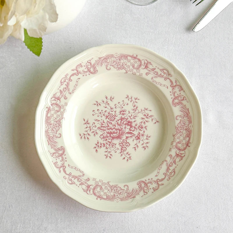 Purism French Style Pink Flower Ceramic Plates Vintage Household Biscuit Bread Dishs High Quality Restaurant Dessert Tableware