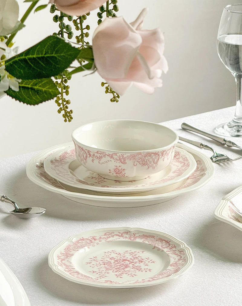 Purism French Style Pink Flower Ceramic Plates Vintage Household Biscuit Bread Dishs High Quality Restaurant Dessert Tableware