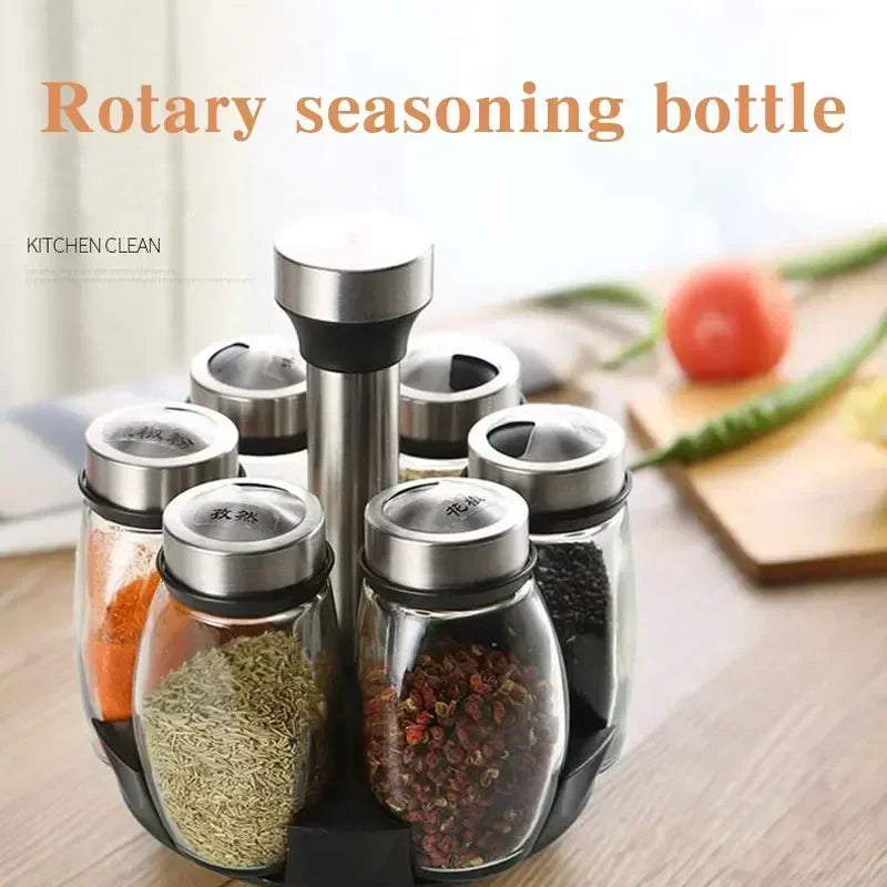 Purism 7pcs Spice Jar Set Rack Glass Organizer Rotating Glass Seasoning Sugar Pepper Bottles Salt Shakers Holder Kitchen Storage Rack