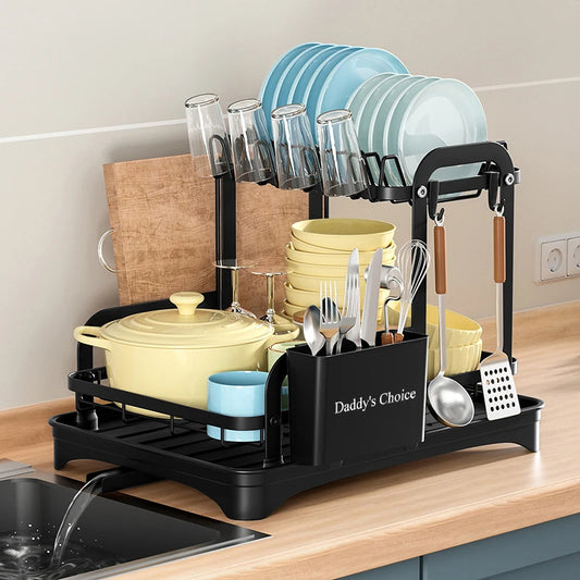 Daddy's Choice  2 Tier Dish Bowl Drainer Storage Rack Kitchen Dish Drying Rack with Drain Basket Countertop Dinnerware Organizer Drainboard
